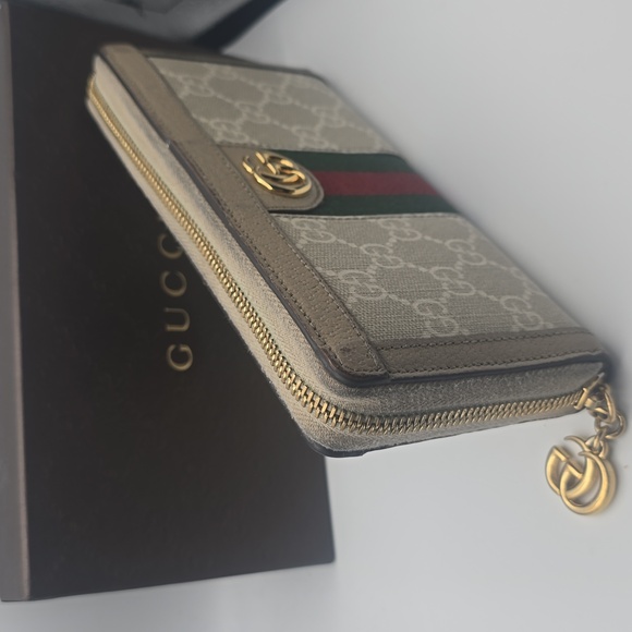 Gucci Ophidia GG Beige W/ Green & Red Sherry Zip Around Long Wallet (EUC)(COA)✨️ - Picture 5 of 15